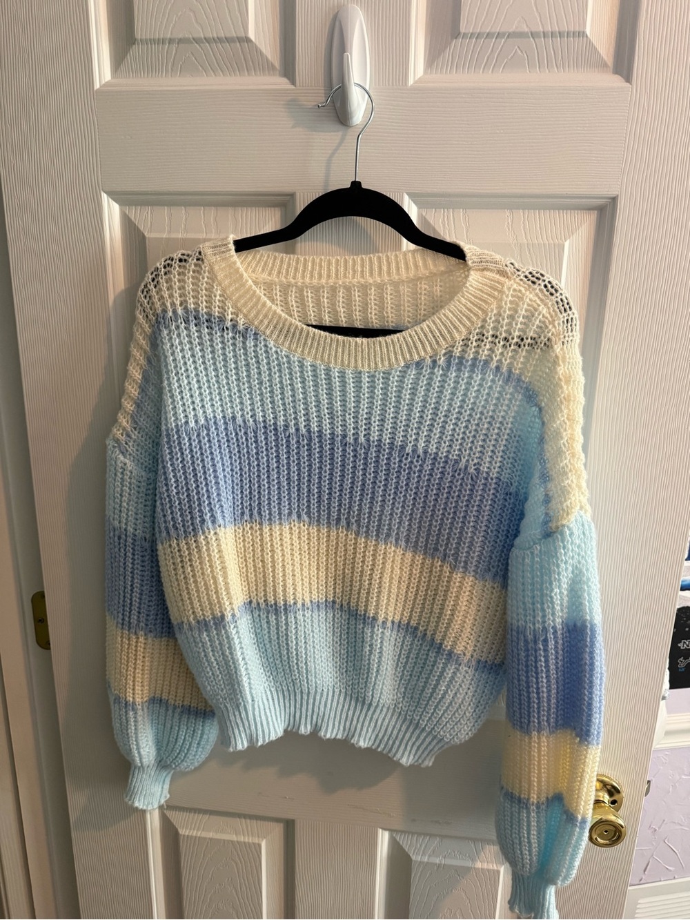 SHEIN Blue and Cream Striped Open-Knit Crewneck Sweater